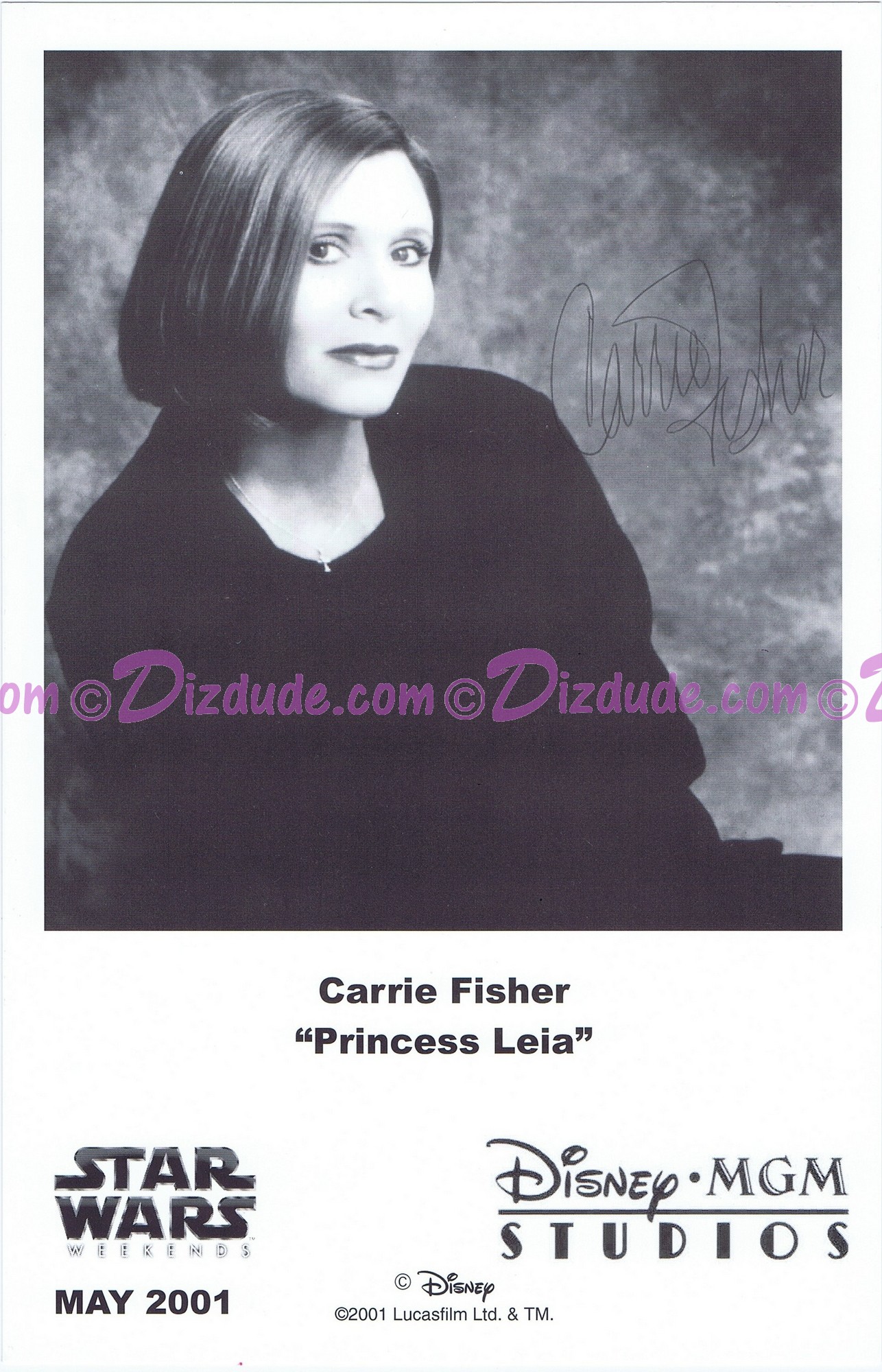 Carrie Fisher who played Princess Leia Presigned Official Star Wars Weekends 2001 Celebrity Collector Photo © Dizdude.com