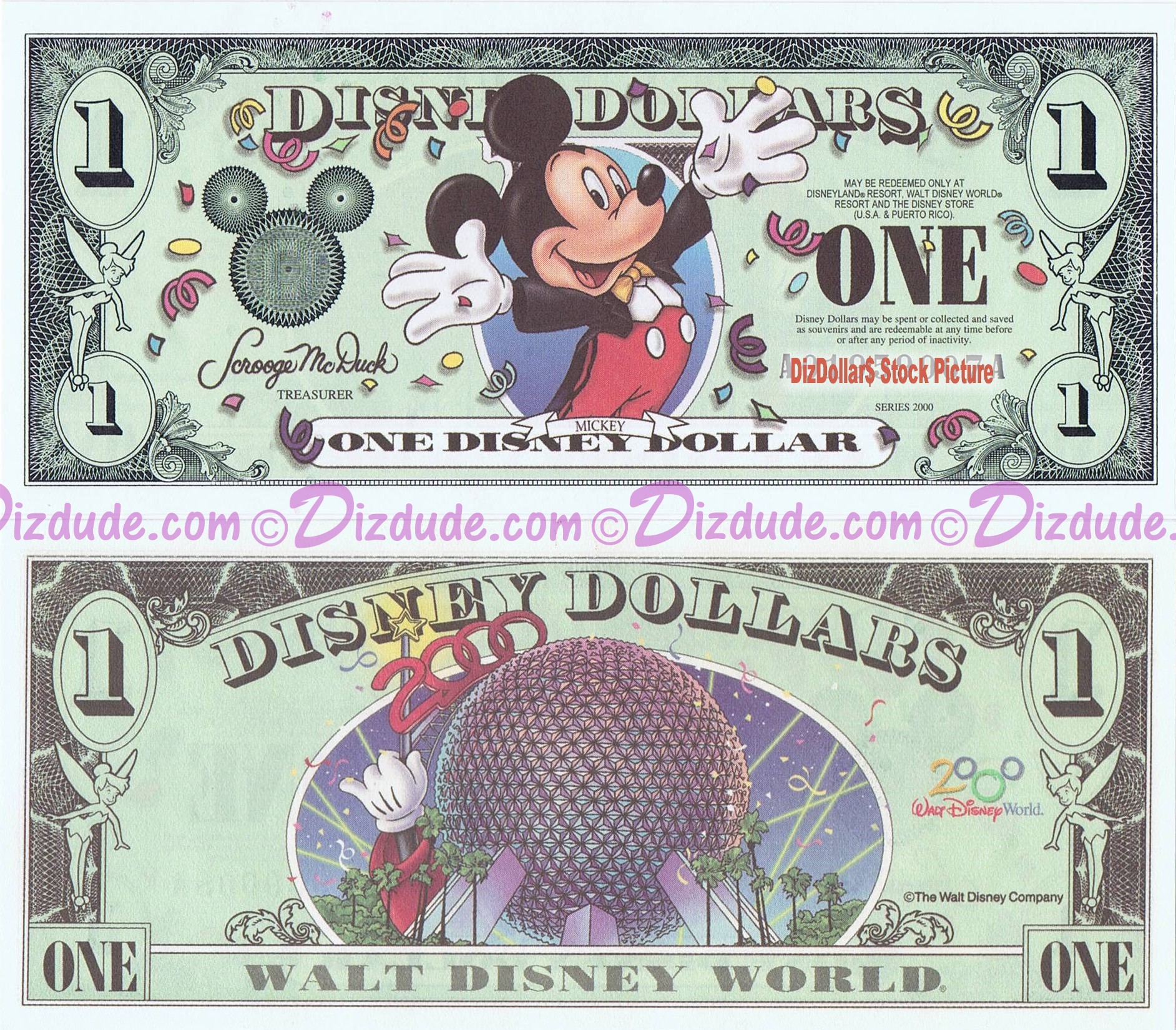 2000 "A" $1 Disney Dollar - Millennium Mickey - Disney World back - "A" Series from DIsneyland ~ © DIZDUDE.com