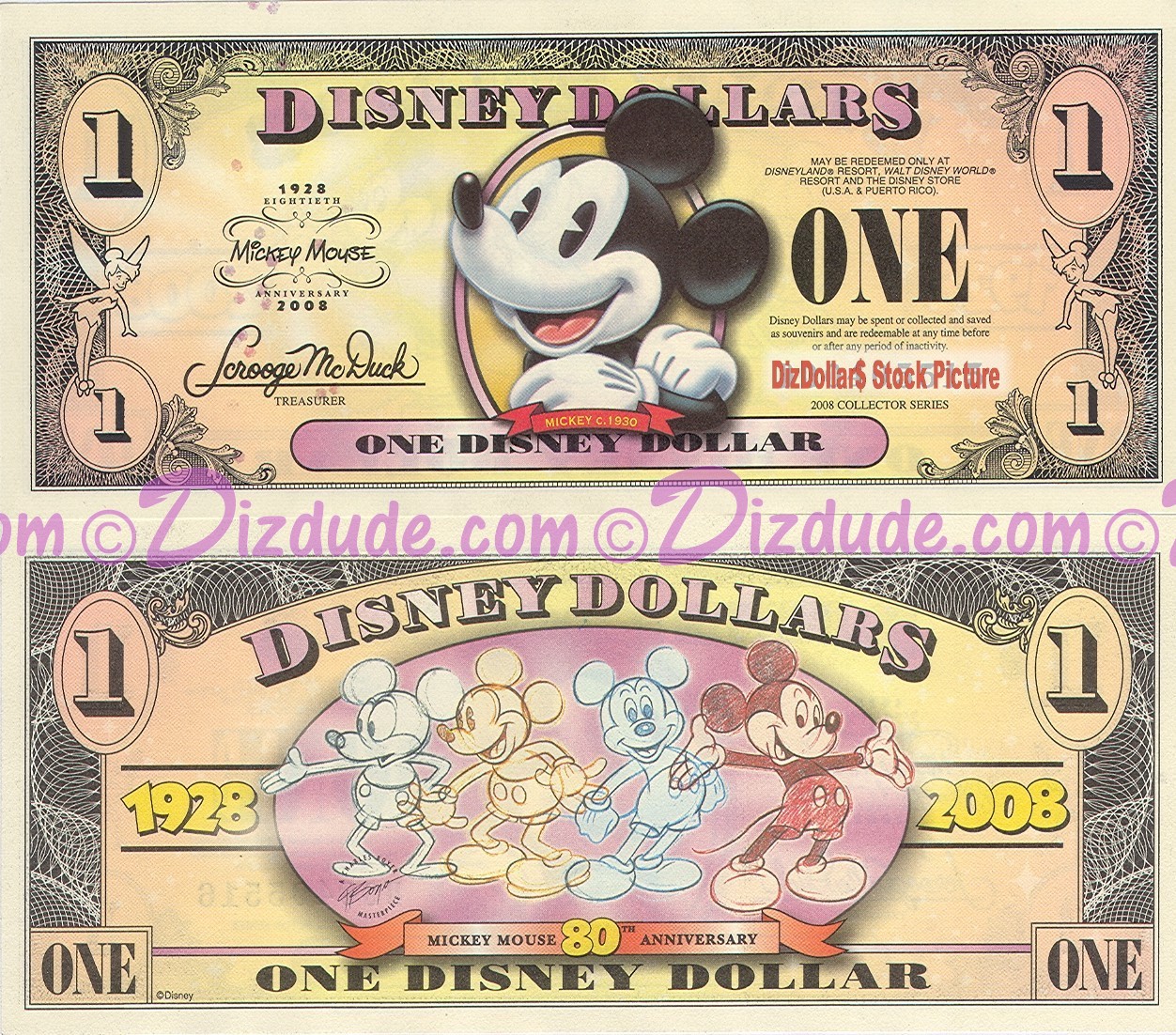 2008 "D" $1 MINT UNC Disney Dollar - Boyer's Pie-Eyed Mickey Front Boyer's Mickey through the years back - "D" Mickey Mouse's 80th Anniversary Series from Disney World ~ © DIZDUDE.com