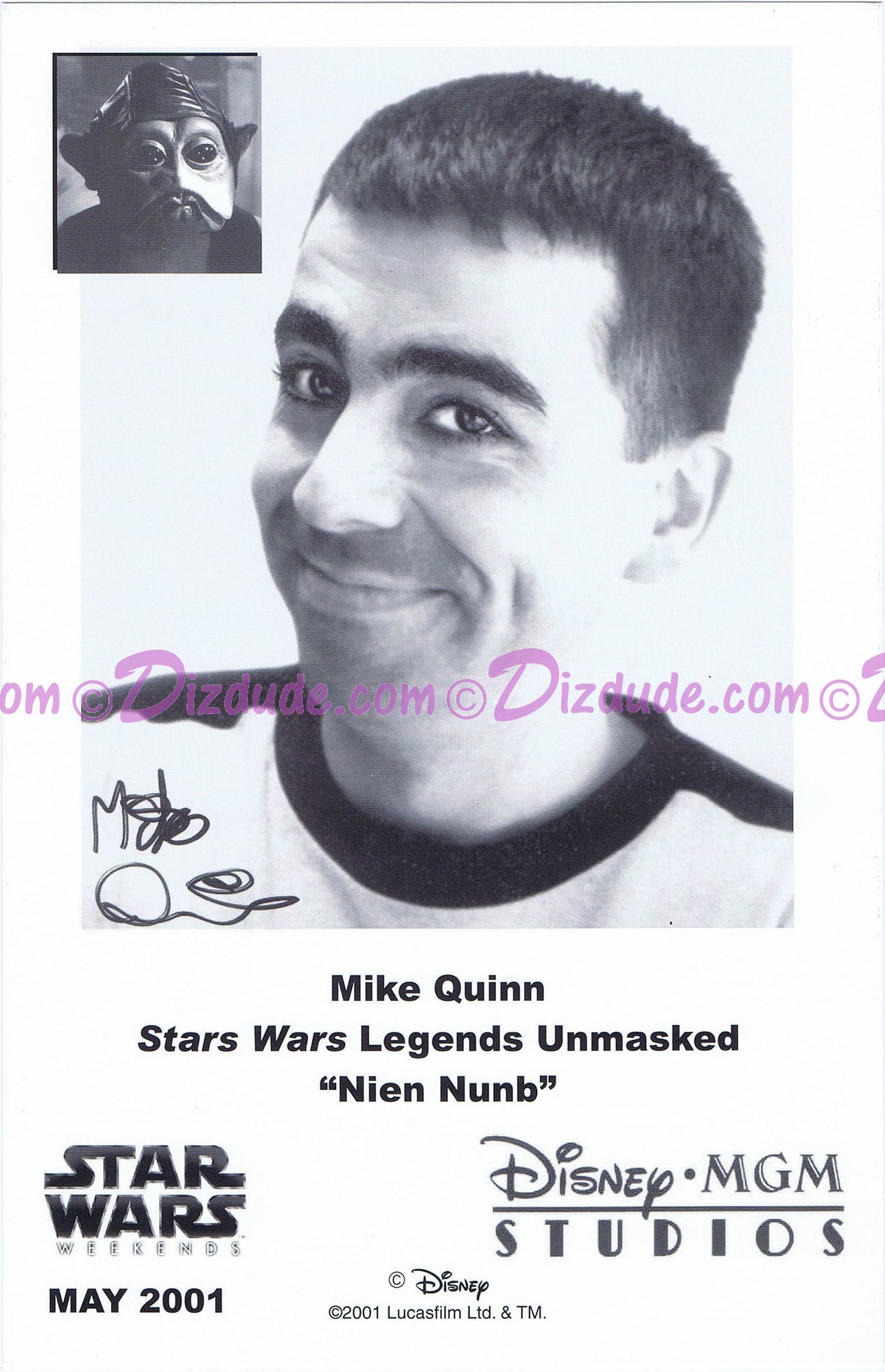 Mike Quinn Puppeteer who Performed Nien Nunb Presigned Official Star Wars Weekends 2001 Celebrity Collector Photo © Dizdude.com