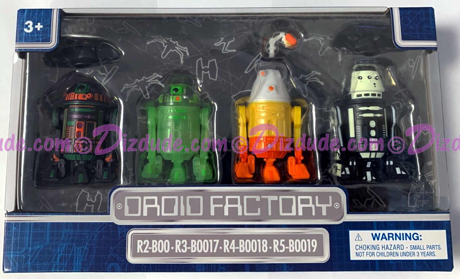 Star Wars Disney Parks 2022 Halloween Droid Factory 4 Droid set - Disney World Astromech DROID FACTORY Action Figures 3¾ Inch 4 Droid Multi-Pack with R2-BOO • R3-BOO17 • R4-BOO18 • R5-BOO19 © Dizdude.com