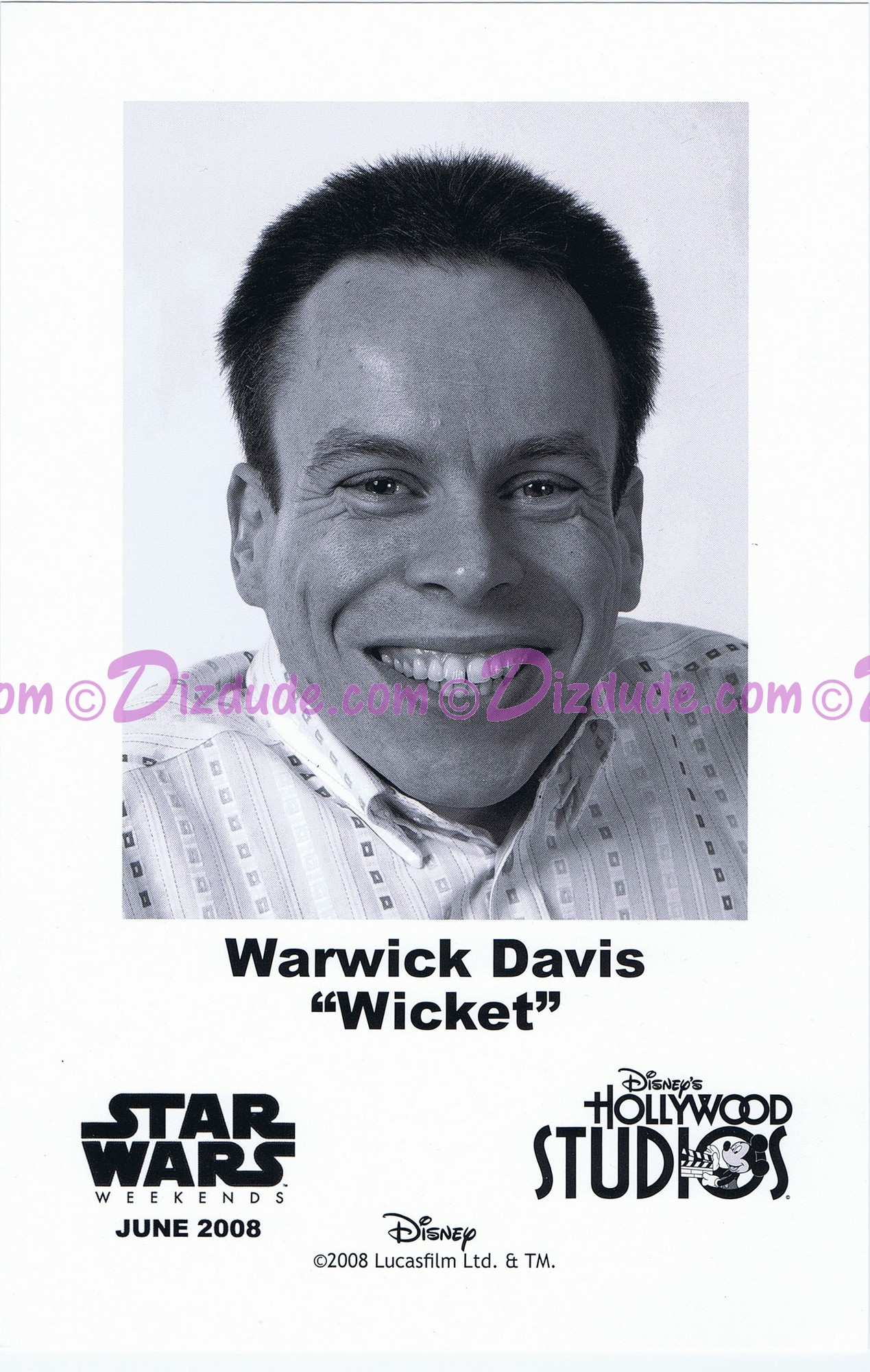 Warwick Davis who played The Ewok Wicket W. Warrick Presigned Official Star Wars Weekends 2008 Celebrity Collector Photo © Dizdude.com